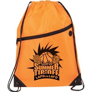 Sports Drawstring Backpack W/ Front Zipper And Ear Buds Port