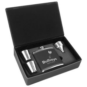 Stainless Steel Black/Silver Leatherette Flask Gift Set