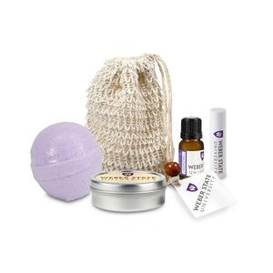 Loofah Bag with Bath Bomb, Candle Tin, Essential Oil, and Lip Balm