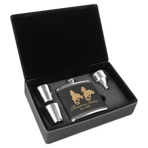 6 Oz. Black Laserable Leatherette Flask Gift Set with Gold Engraving