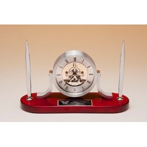 Silver Skeleton Clock Movement in Aluminum Case, Rosewood Piano-Finish Base and Silver Pens