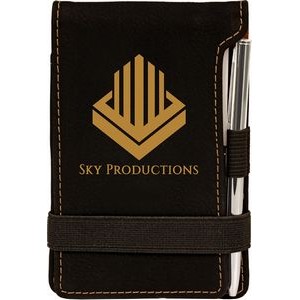 3 1/4" x 4 3/4" Black/Gold Laserable Leatherette Mini Notepad with Pen