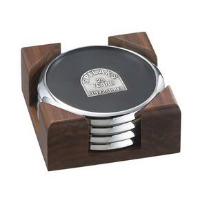 4 Round Solid Chrome Coasters w/Solid Walnut Wood Square Stand