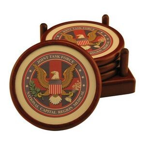 Round Wood 4 Piece Coaster Set w/Leather Inlay (4-Color Process)