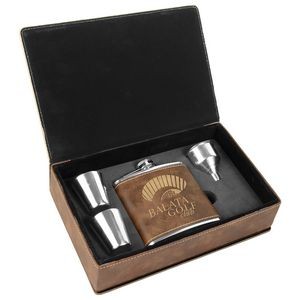 Stainless Steel Rustic/Gold Leatherette Flask Gift Set