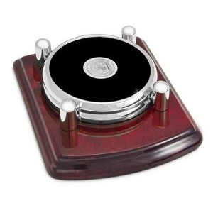 Leather and Silver Tone Round 2 Coaster Set w/Rosewood Base