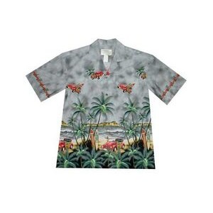 Gray Hawaiian Border Print Cotton Poplin Shirt w/ Button Front