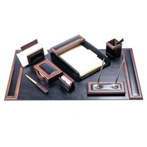 Wood & Leather Walnut Brown Desk Set (8 Piece)