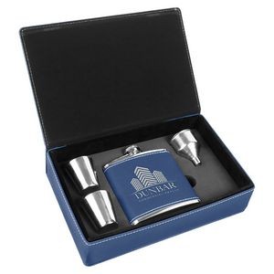 Laserable Blue-Silver Leatherette 6 Oz. Flask Gift Set