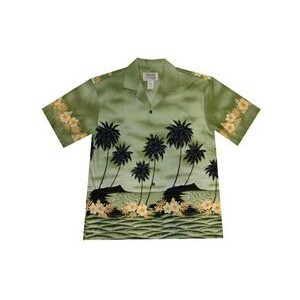 Green Hawaiian Border Print Cotton Poplin Shirt w/ Button Front