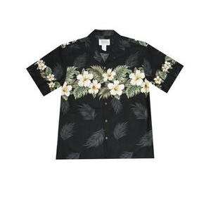 Black Hawaiian Border Print Cotton Poplin Shirt w/ Button Front