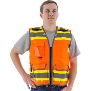High Visibility Orange Heavy Duty Surveyor's Vest DOT Striping, Safety Vest, ANSI 2, Type R