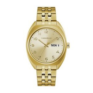 Caravelle Men's Retro Gold Tone Stainless Steel Bracelet Watch with Day/Date Marker