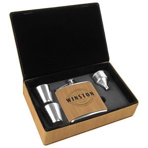 Stainless Steel Bamboo Leatherette Flask Gift Set
