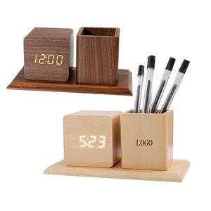 Bamboo Alarm Clock With Pen cup