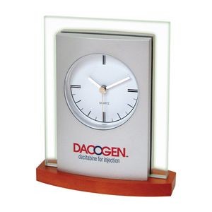 Desk Top Glass/ Wood Clock w/Brown Wood Base