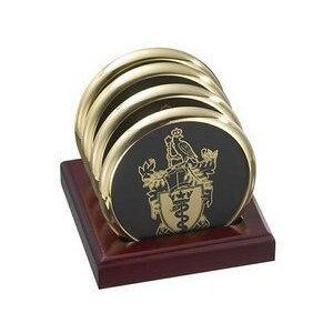 4 Round Solid Brass Coasters w/Solid Cherry Wood Upright Stand