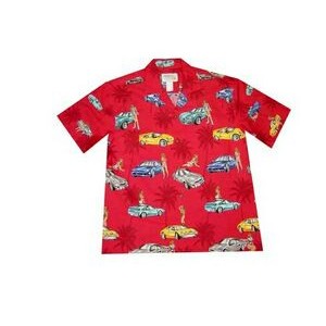 Red Hawaiian Border Print Cotton Poplin Shirt w/ Button Front