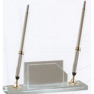 Jade Glass Pen Set w/Business Card Holder & 2 Pearl White Pens