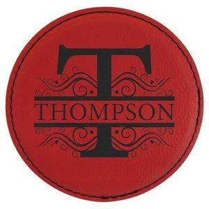 Round Coaster, Red Faux Leather, 4" Dia