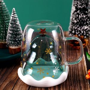 Glass Coffee Mug with Lid and Handle, 10 oz Christmas Tree Shaped Double Wall Insulated Glass Cups