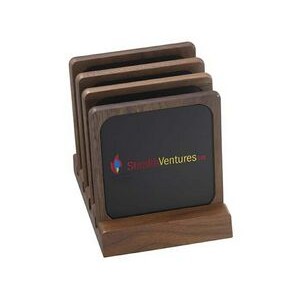 4 Solid Walnut Wood Square Coasters & Wood Stand w/Leather Inserts