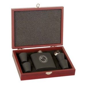 6 Oz. Matte Black Flask Set w/Wood Box
