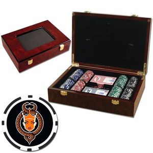 Poker chips set with Glossy wood case - 200 Full Color 8 Stripe chips
