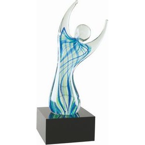 9" Raised Arms Art Glass Award w/Square Black Base