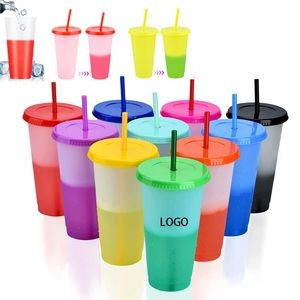 24oz PP Plastic Reusable Color Changing Cup Summer Cold Drinks Tumbler With Lid & Straw