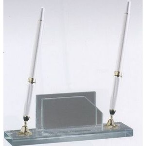 Jade Glass Pen Set & Business Card Holder w/ 2 Silver Pens & Funnel