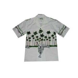 White Hawaiian Border Print Cotton Poplin Shirt w/ Button Front