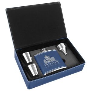 6oz. Stainless Steel Blue/Silver Leatherette Flask Gift Set