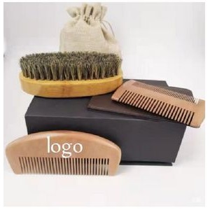 Wooden Comb and Natural Boar Bristle Beard Brush set