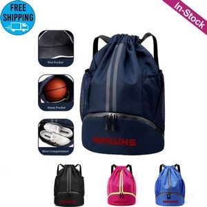 Sports Drawstring Backpack with Side Mesh Pockets and Shoe Compartment
