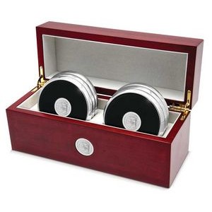 Leather and Silver Tone 6 Coaster Set w/Rosewood Finish Presentational Box