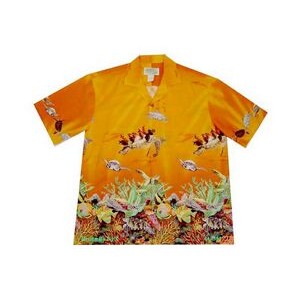 Orange Hawaiian Border Print Cotton Poplin Shirt w/ Button Front