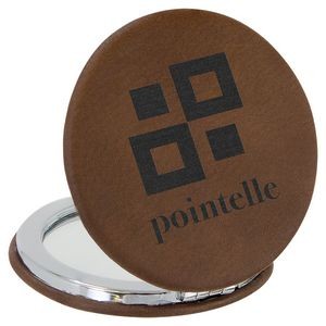 Dark Brown Compact with Mirror, Laserable Leatherette, 2-1/2" Diameter