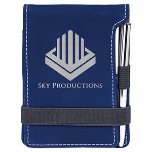 3 1/4" x 4 3/4" Blue/Silver Laserable Leatherette Mini Notepad with Pen