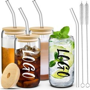 16oz Drinking Glasses With Bamboo Lids And Glass Straw