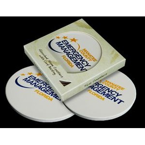 Two 4" Round Absorbent Stone Coasters Gloss Finish in Custom Window Box (overseas production)