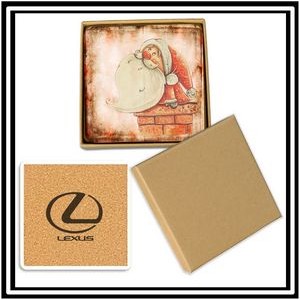 4 Christmas Square Coasters packaged in FREE Kraft Gift Box, Logo included on Cork Back of Coaster