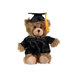 soft plush Mocha Curly Sitting Bear with graduation cap &gown