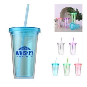 16 Oz. Reusable Plastic Cups w/Colored Lid & Straw