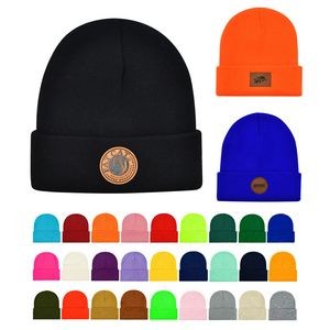 Cuffed Knit Beanie With Leather Patch