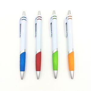 White Barrel Plastic Pen With Silver Accent And Color Grip