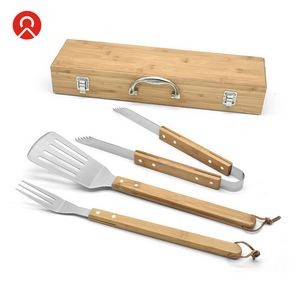 3 Pieces Bamboo Handle Stainless Steel Camping Bbq Grills Tool Set