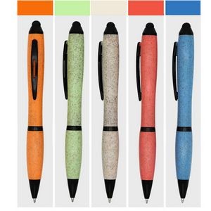 Eco-Friendly Wheat Straw Ballpoint Pen With Rubber Anti-Skid Sleeve And Stylus Touch End