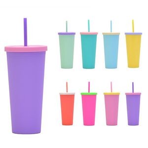 24OZ Print Double-layer Plastic Straw Coffee Cup