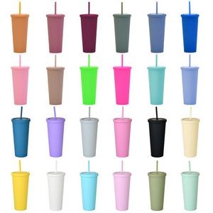 24OZ Print Double-layer Plastic Straw Coffee Cup